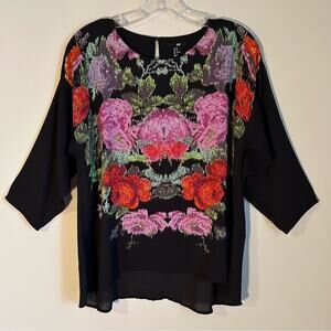 HM Black Floral Crewneck Crop Sleeves Keyhole Back Oversized Tunic Shirt Size 8